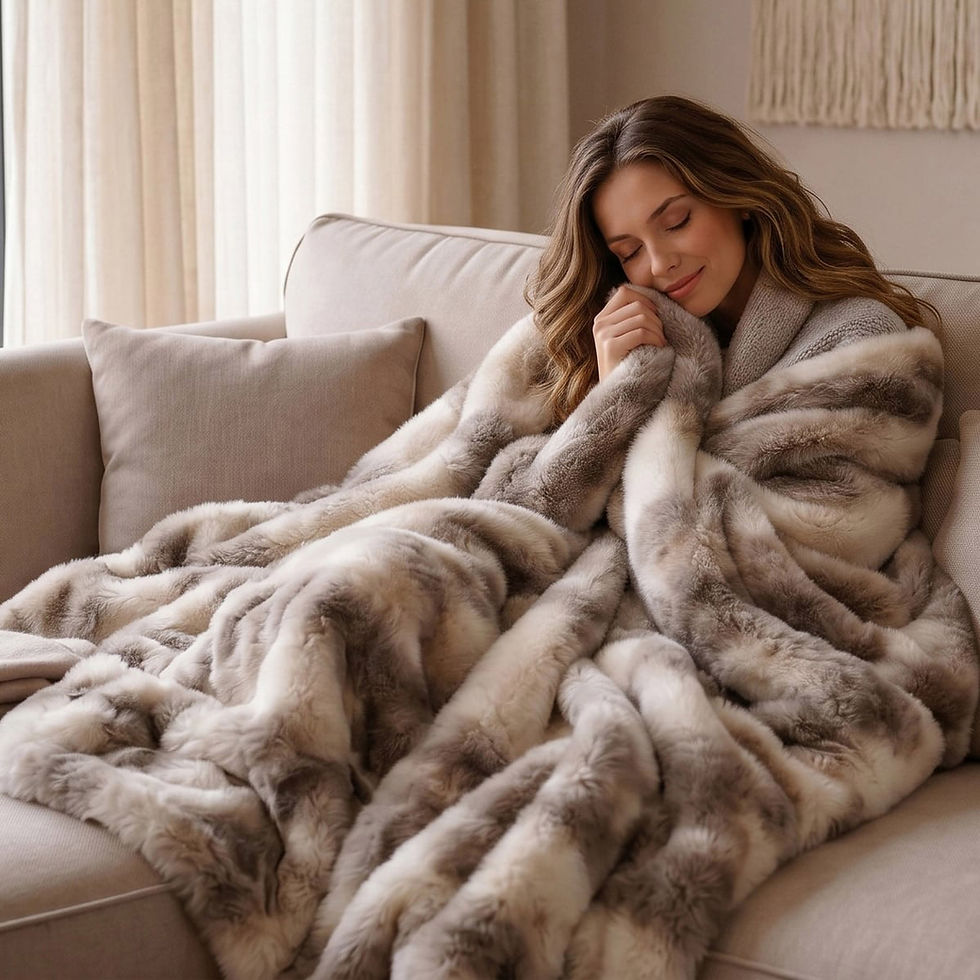 Vegan Luxury Faux Fur Heated Throw (127 x 152cm) showing model from Vegan Happy Clothing with subtle vegan logo