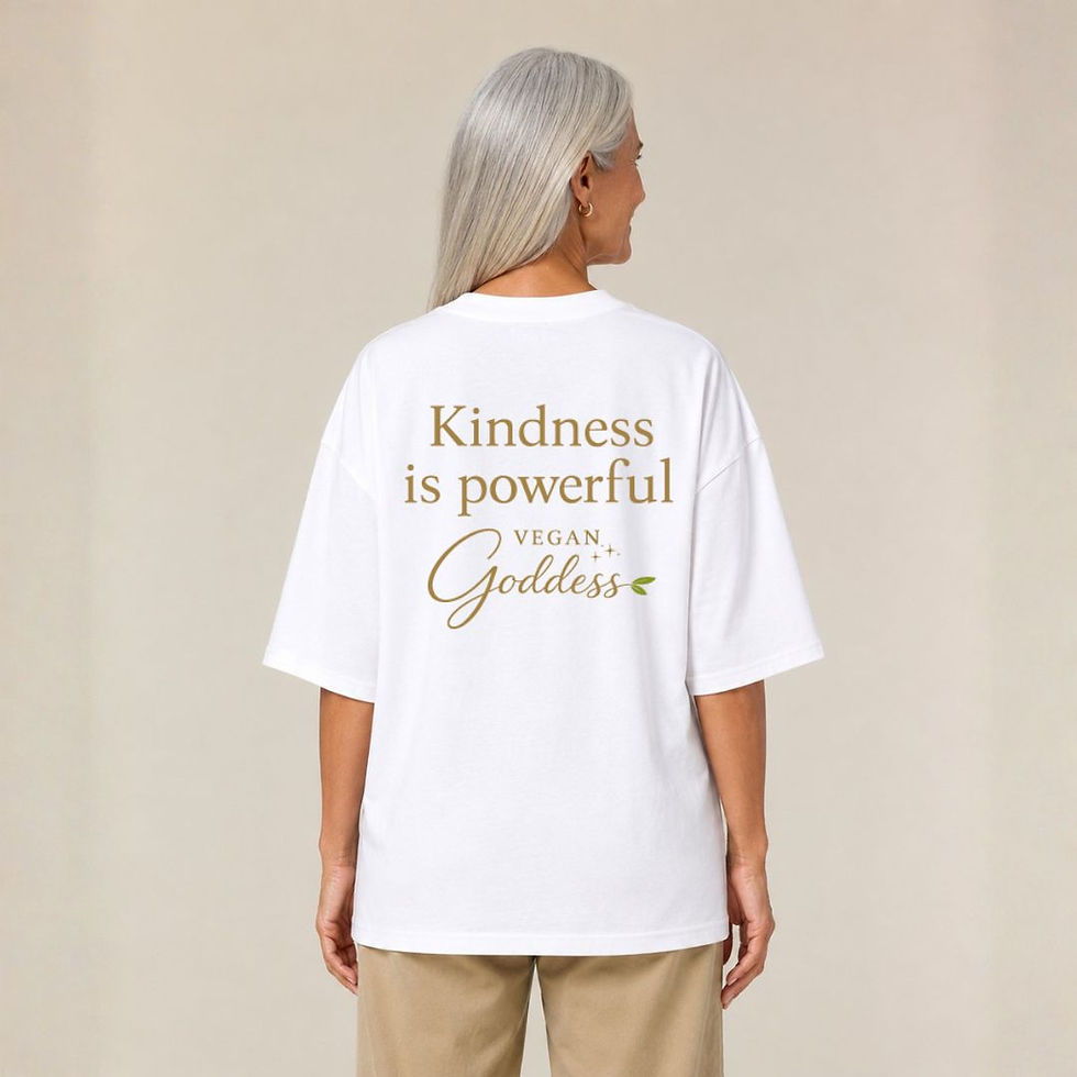 Thumbnail: Vegan Goddess Oversized Blaster 100% Cotton T-shirt showing rear view in white from Vegan Happy Clothing