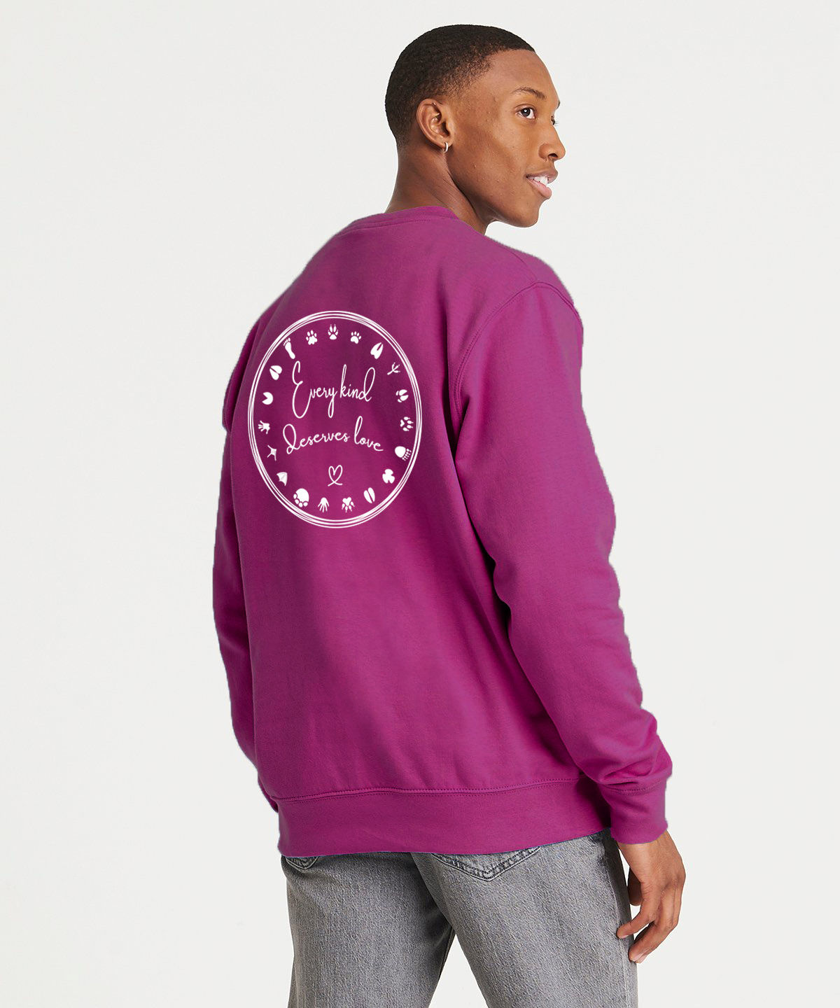 Vegan Every Kind Deserves Love Unisex Sweatshirt from Vegan Happy Clothing shown in hot pink