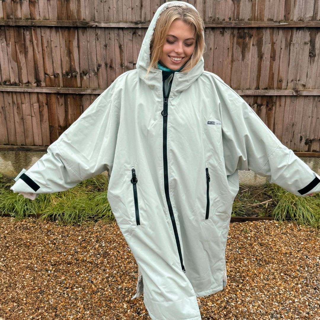 VEGAN Happy All- Weather-Robe modelled by Antonia in soft green from Vegan Happy Clothing