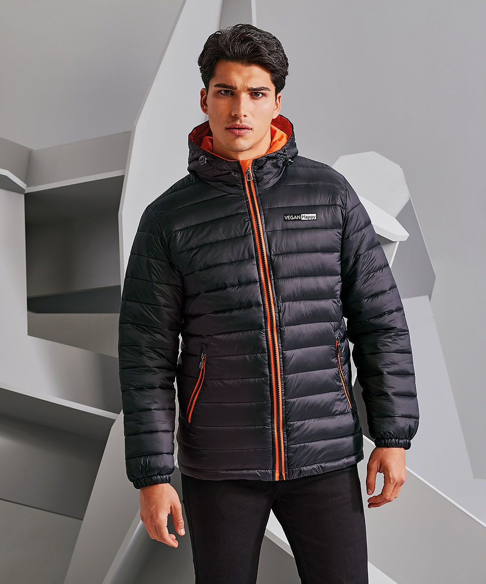 Thumbnail: Vegan Men's Lightweight 2786 Puffer from Vegan Happy Clothing with subtle vegan logo, vegan jacket