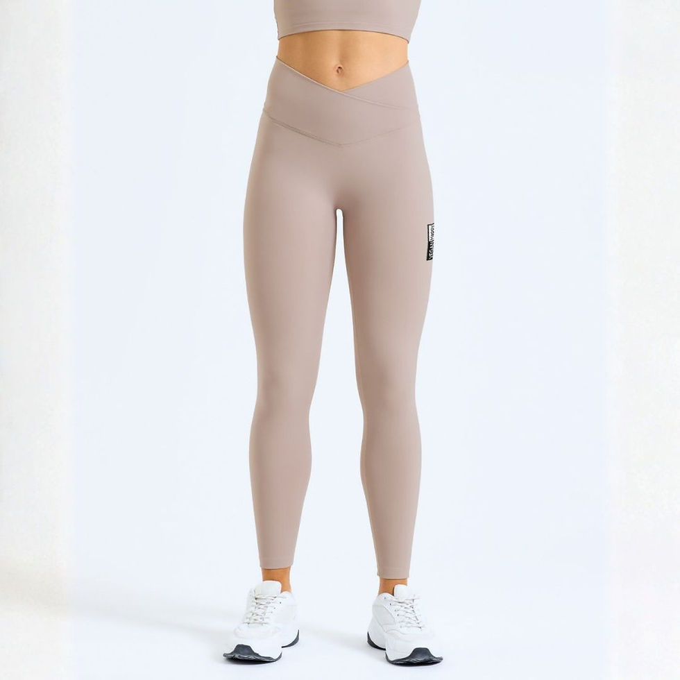 Vegan Women’s TriDri Recycled Luxe Leggings front view with subtle vegan logo from Vegan Happy Clothing  in stone