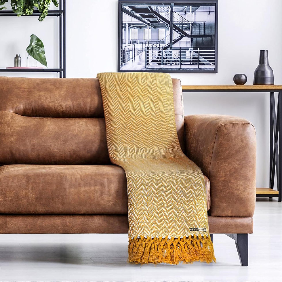 Vegan XXL Herringbone 100% Cotton Throw in ochre from Vegan Happy Clothing with subtle logo