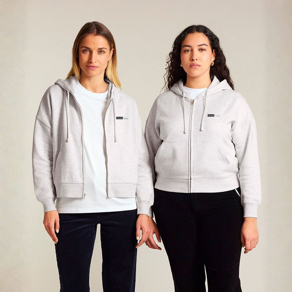 Vegan Ida Women's Zipped Sweatshirt on two female models with subtle Vegan Happy Clothing logo