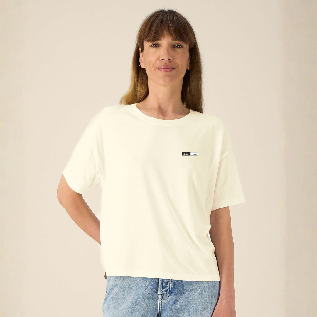 Vegan Stella Etta T-Shirt in cream with subtle vegan logo from Vegan Happy Clothing