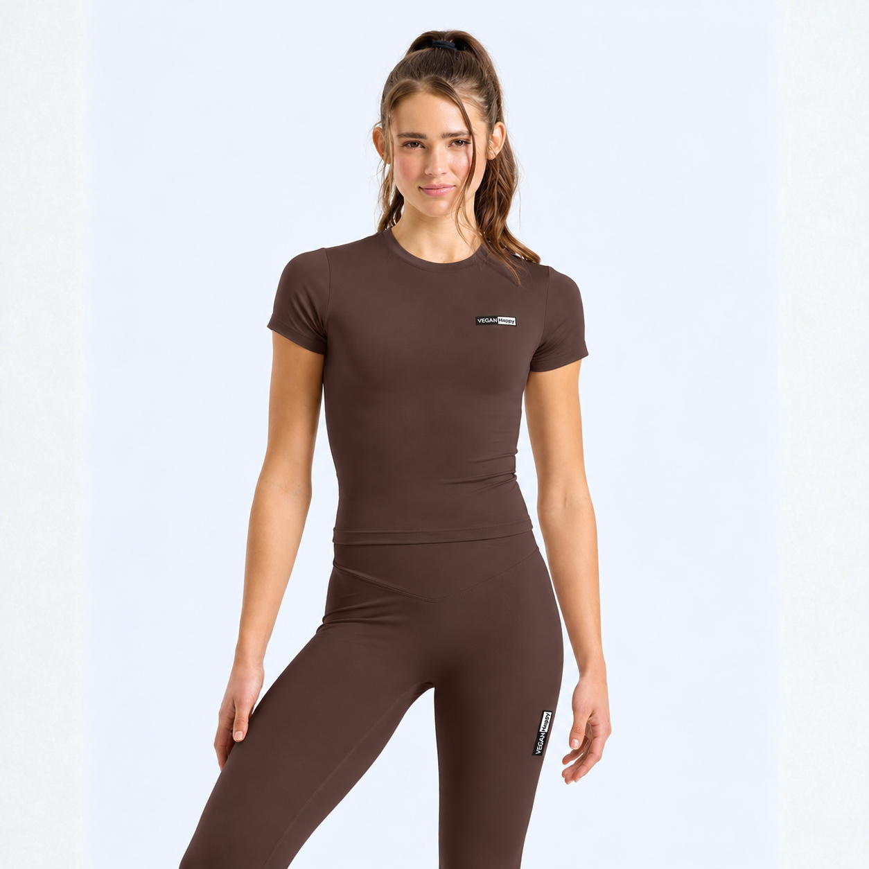Vegan Women’s TriDri Recycled Luxe Fitted Tee in chocolate from Vegan Happy Clothing with subtle vegan logos