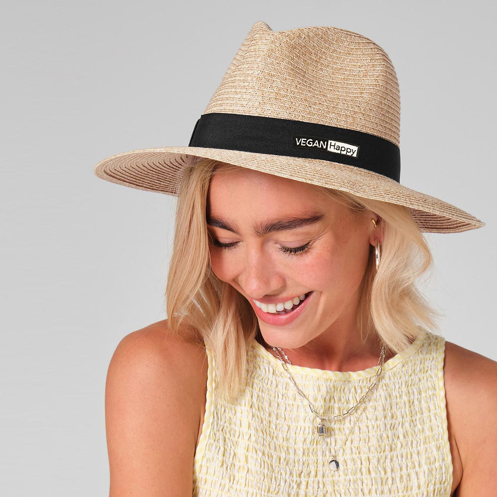 Vegan Handmade Straw Fedora from Vegan Happy Clothing with subtle vegan logo to the band