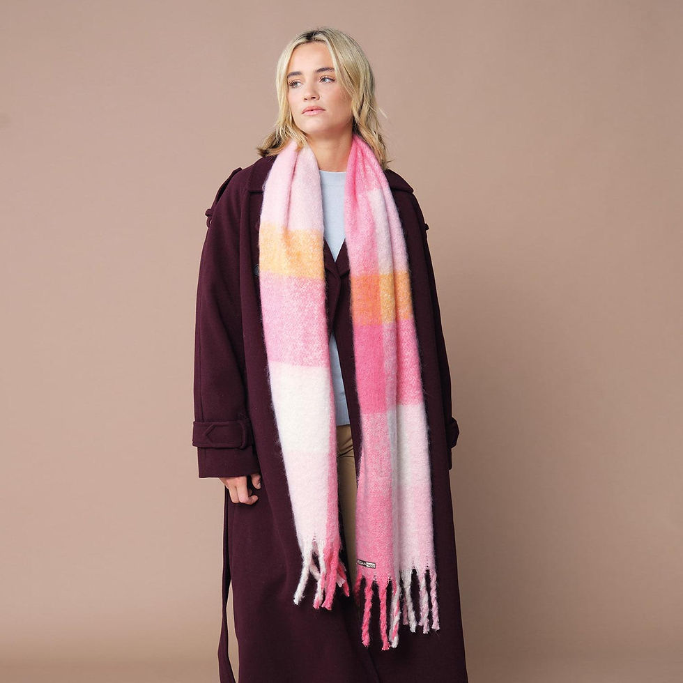 Vegan Check Fluffy Scarf with subtle vegan logo from Vegan Happy Clothing in pink on model