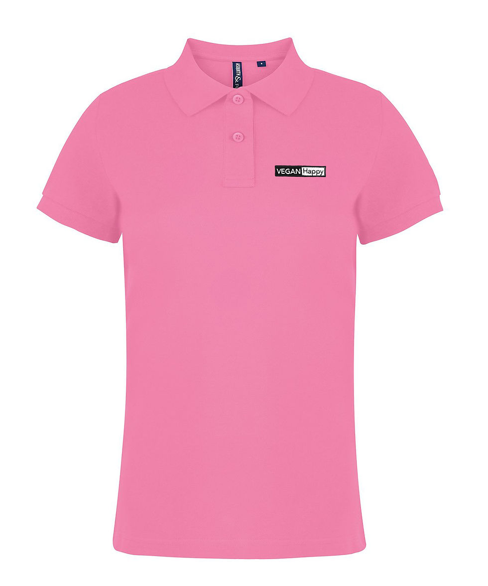 Thumbnail: Vegan Women's Classic Polo Shirt in carnation pink from Vegan Happy Clothing with subtle vegan logo to the front