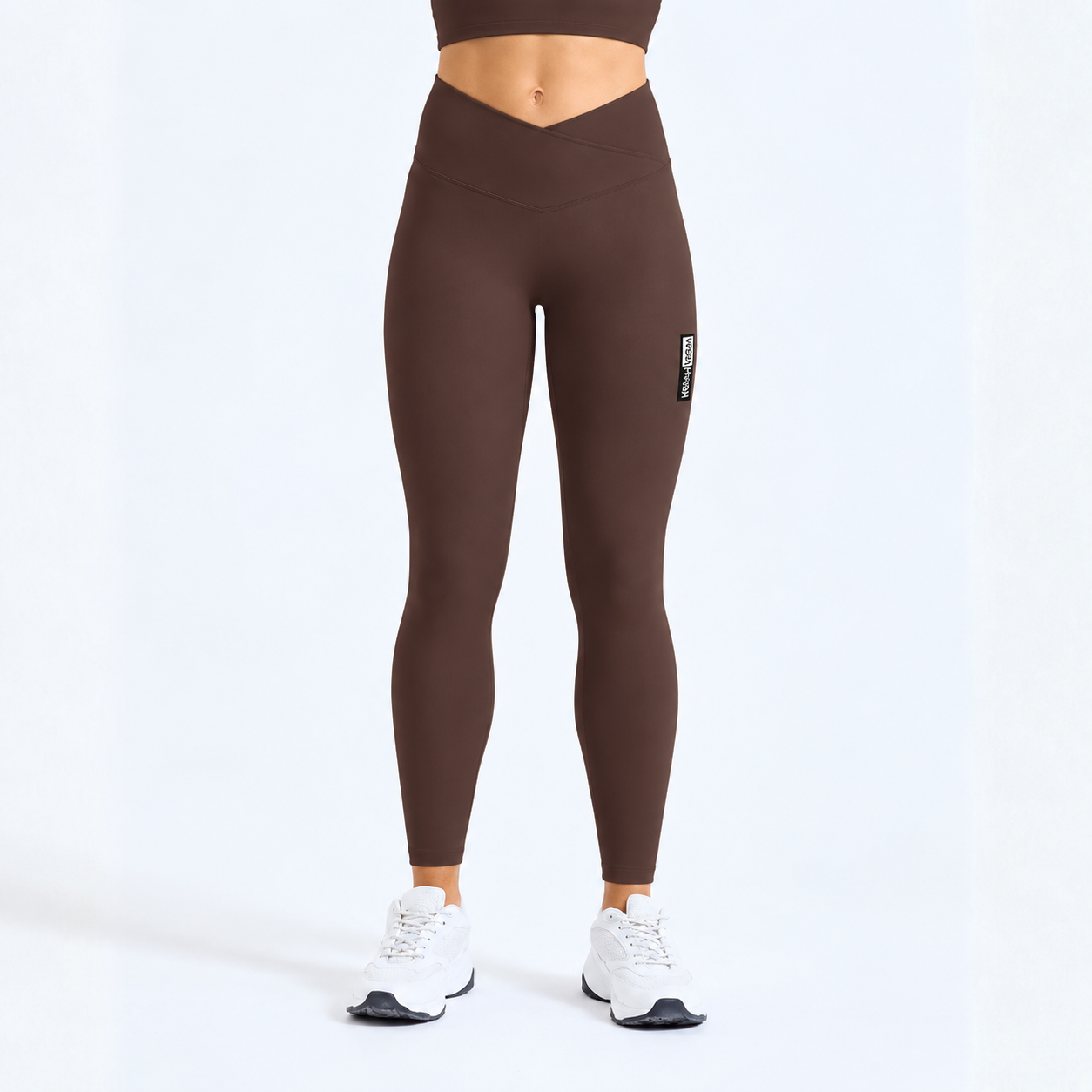 Vegan Women’s TriDri Recycled Luxe Leggings in chocolate brown with subtle vegan logo from Vegan Happy Clothing
