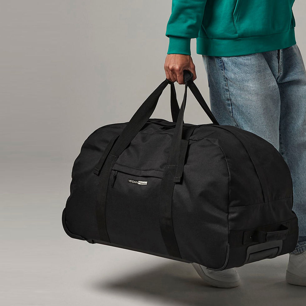 Vegan Classic Wheelie Holdall in black with subtle vegan logo from Vegan Happy Clothing