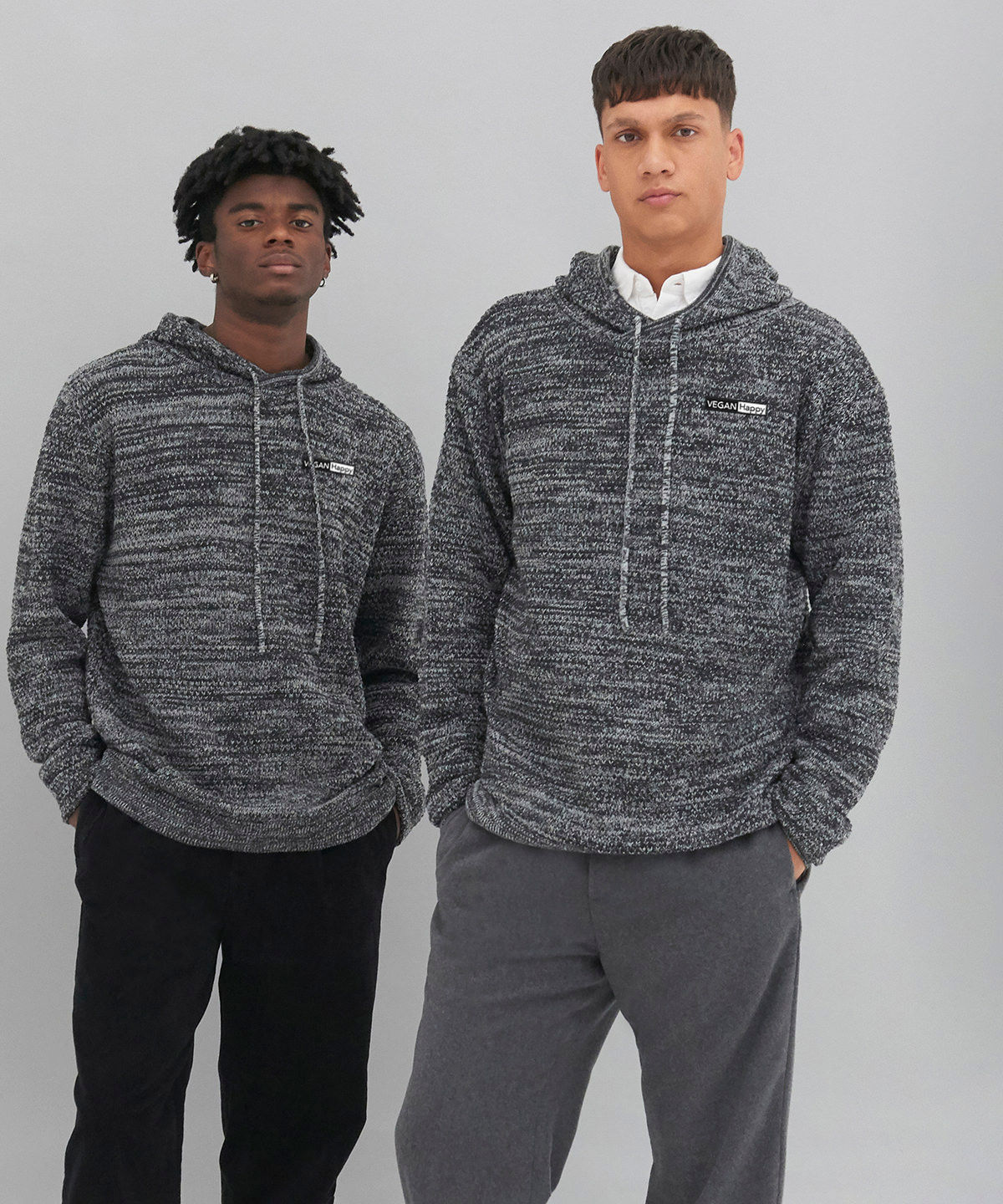 Vegan Ecologie Regen Knitted Hoodie Unisex from Vegan Happy Clothing, charcoal colour, subtle vegan logo, vegan jumper