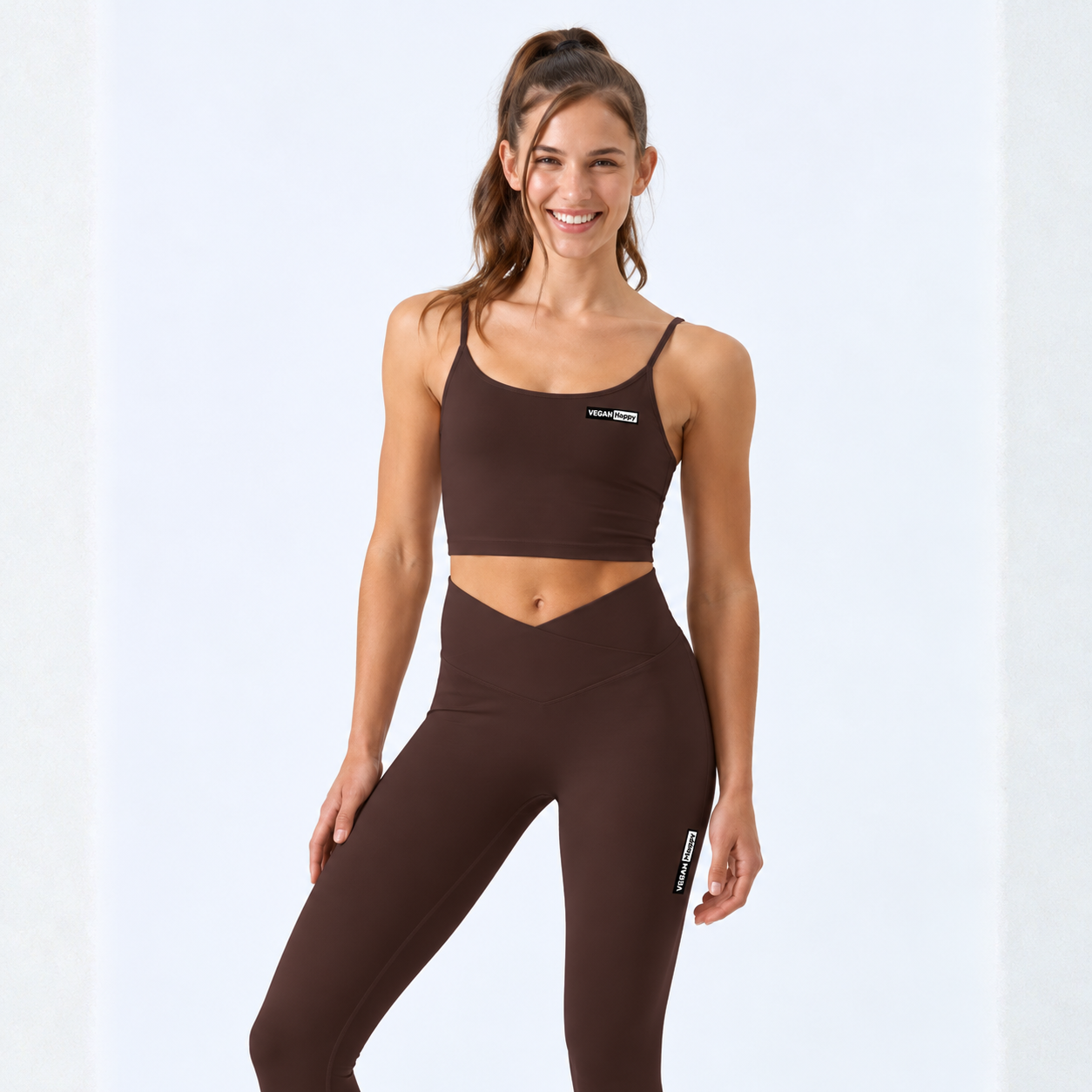 Vegan Women’s TriDri Recycled Luxe Bra in chocolate brown with subtle vegan logo from Vegan Happy Clothing