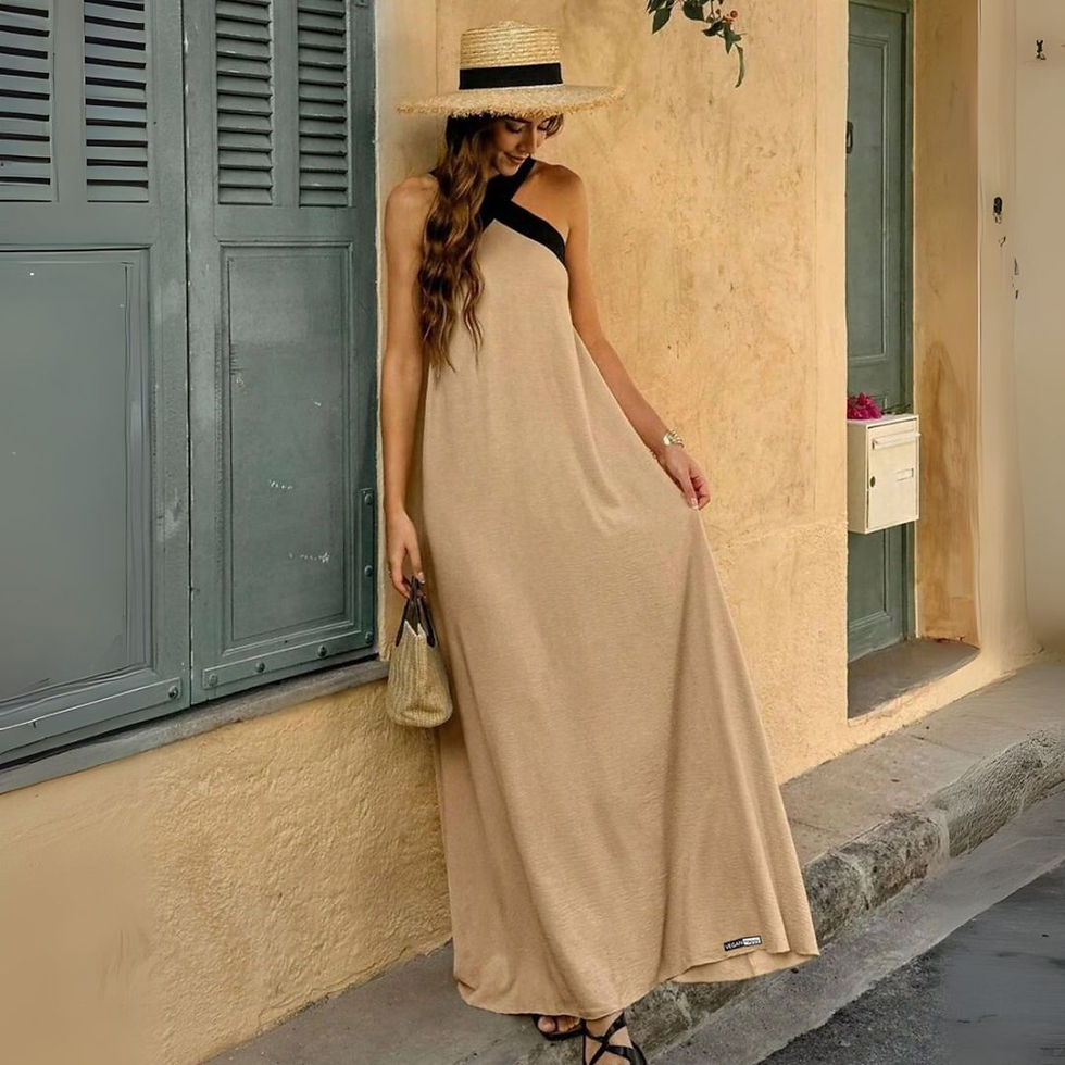 Vegan Halter Duo Colour Dress with subtle vegan logo to the hem from Vegan Happy Clothing in beige with black