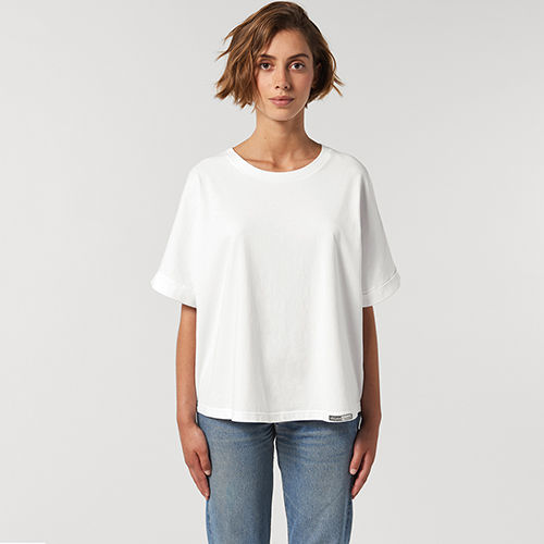 Vegan Women's Collider Boxy T-Shirt with subtle vegan logo to the hem from Vegan Happy Clothing