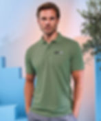 Vegan Men's Classic Polo Shirt shown in khaki with subtle vegan logo from Vegan Happy Clothing on male model