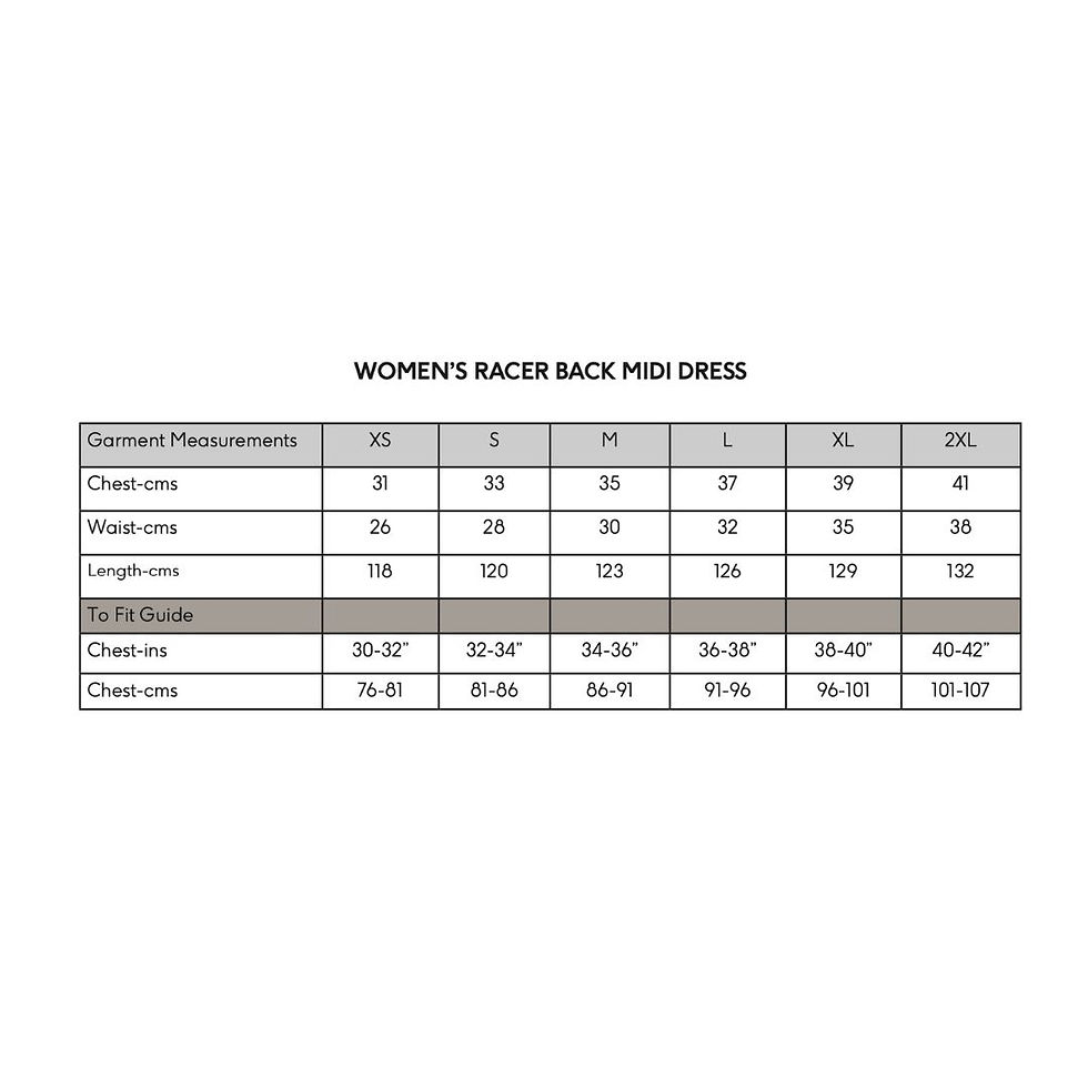 Thumbnail: Vegan Women's Racerback Midi Dress sizing chart from Vegan Happy Clothing