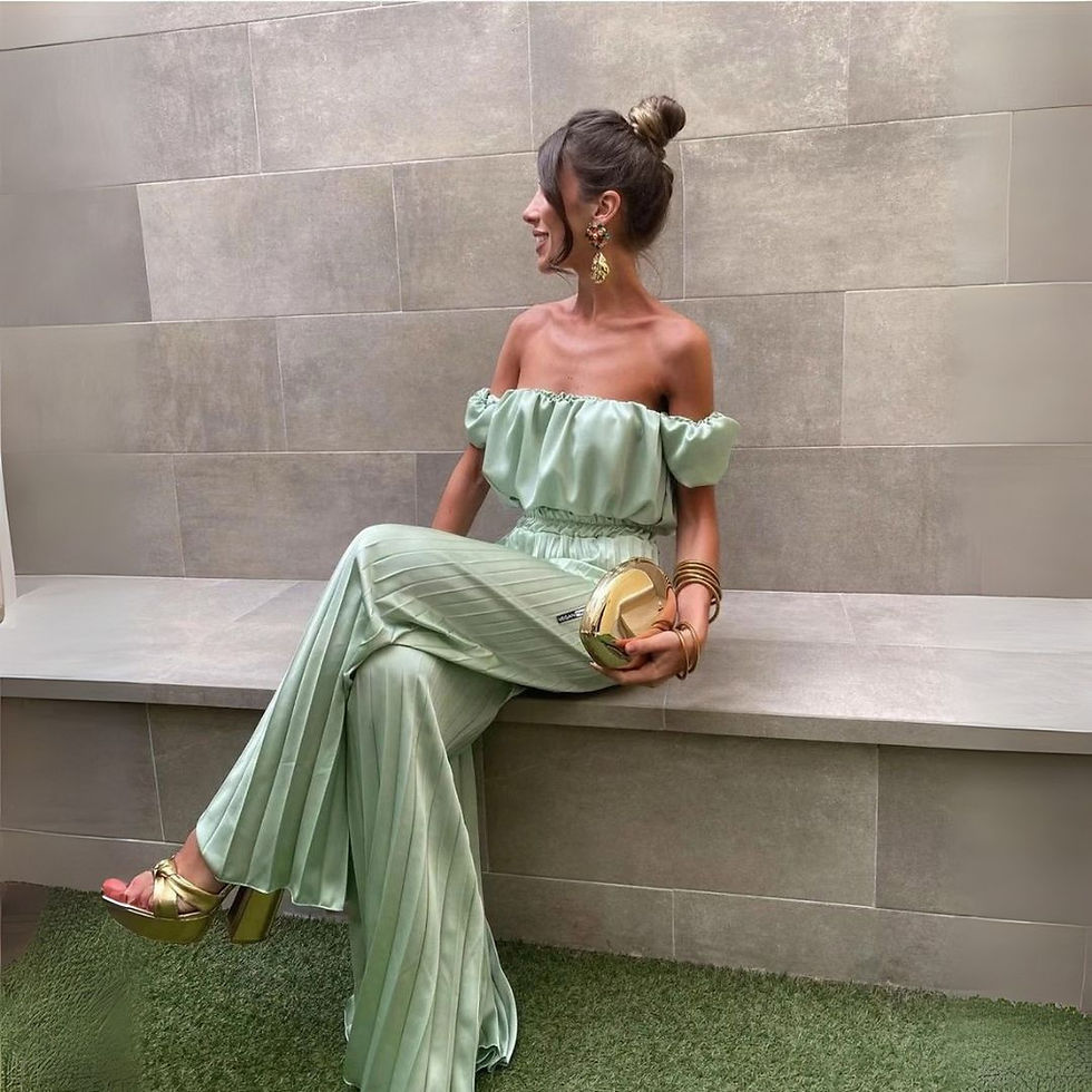 Thumbnail: Vegan Satin Crop Top and Pleated Pants Set in mint with subtle vegan logo from Vegan Happy Clothing