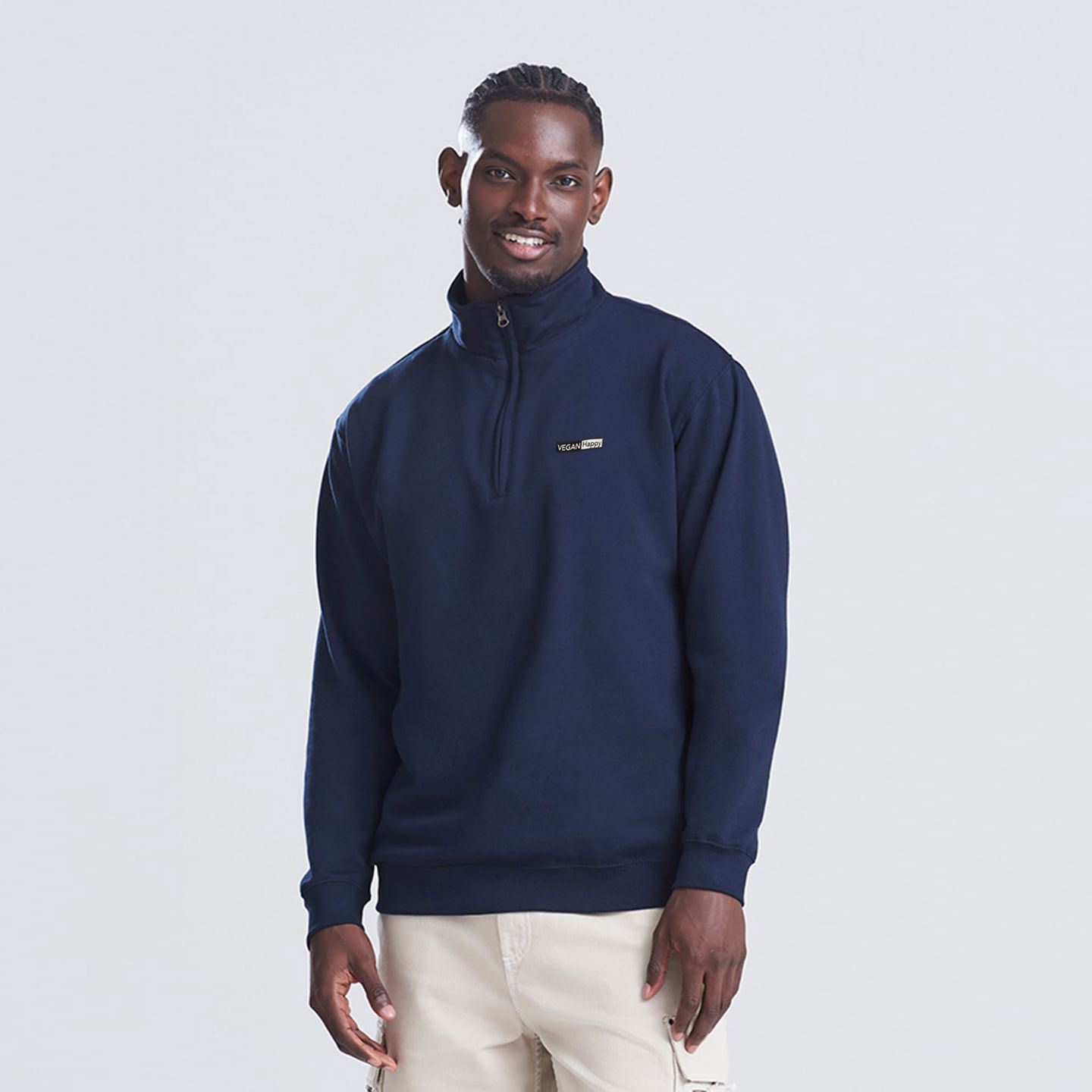 Vegan Sophomore 1/4 Zip Unisex Sweatshirt in navy from Vegan Happy Clothing with subtle vegan logo