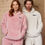Thumbnail: Vegan Unisex Fluffy Fleece Hoodie shown on models in pink and natural from Vegan Happy Clothing with subtle vegan logos