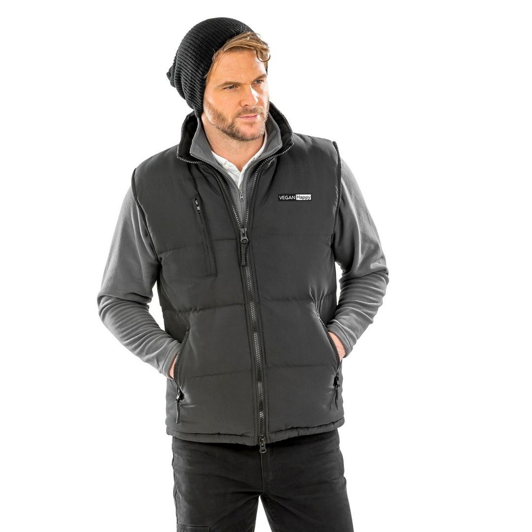 Vegan Men's Ultra Padded Bodywarmer in grey from Vegan Happy Clothing with subtle vegan logo