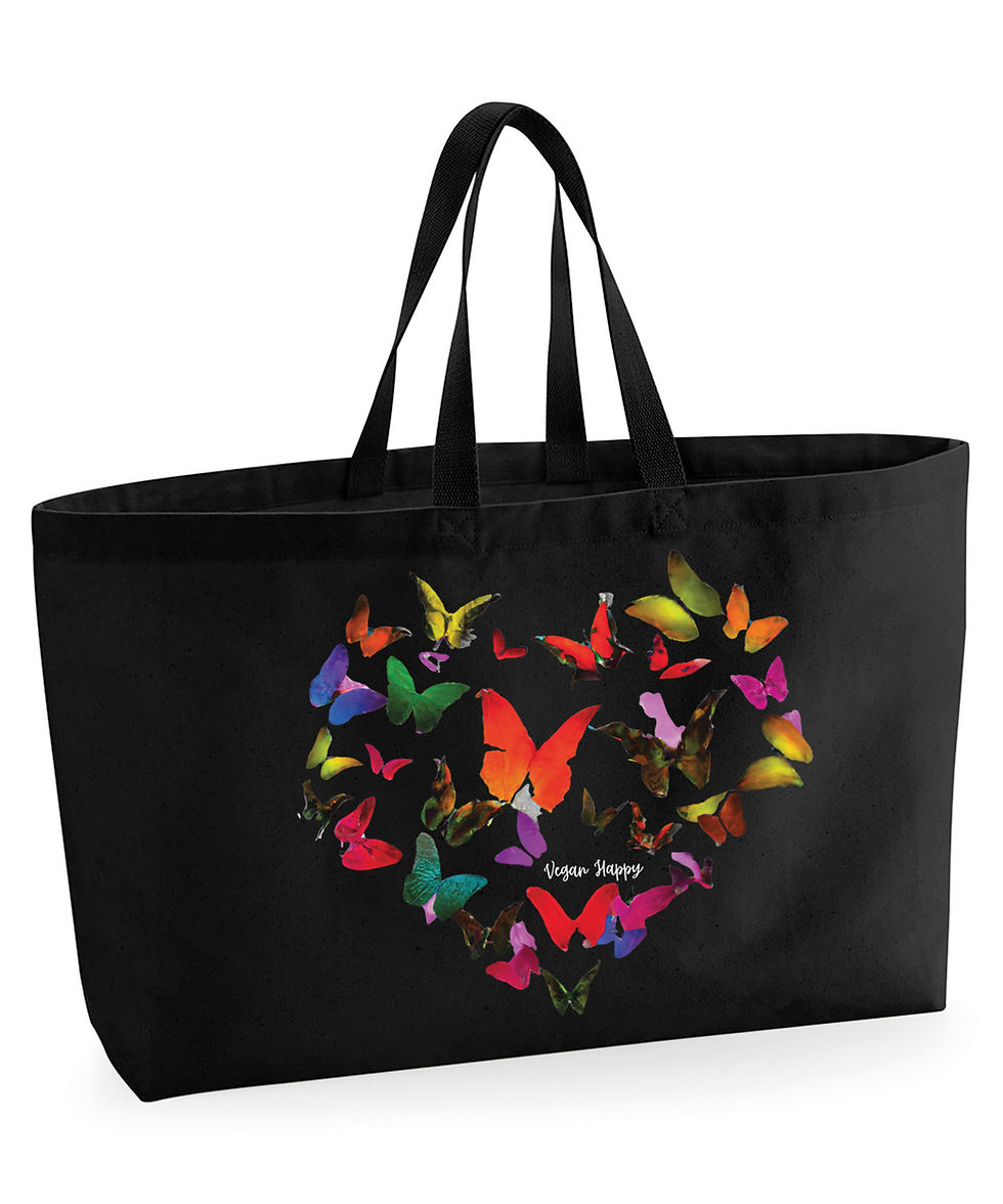 Thumbnail: Vegan Oversized Canvas Tote Bag 100% Cotton shown in black with butterfly design from Vegan Happy Clothing