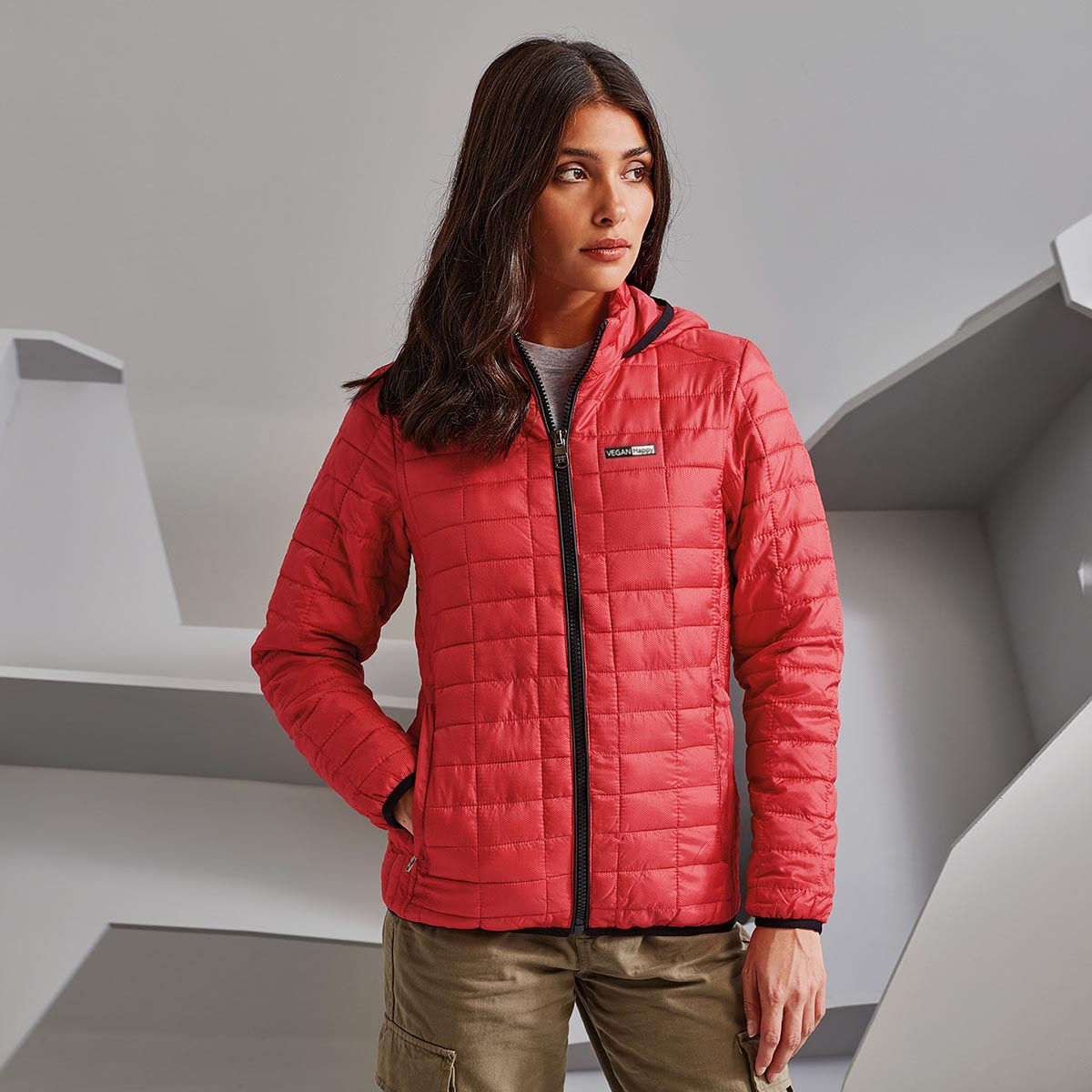 Vegan Women's Honeycomb Padded Jacket from Vegan Happy Clothing with subtle vegan logo to the front in red
