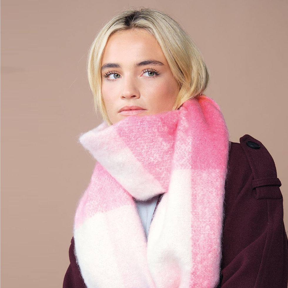 Vegan Check Fluffy Scarf up close on model in pink with subtle vegan logo from Vegan Happy Clothing