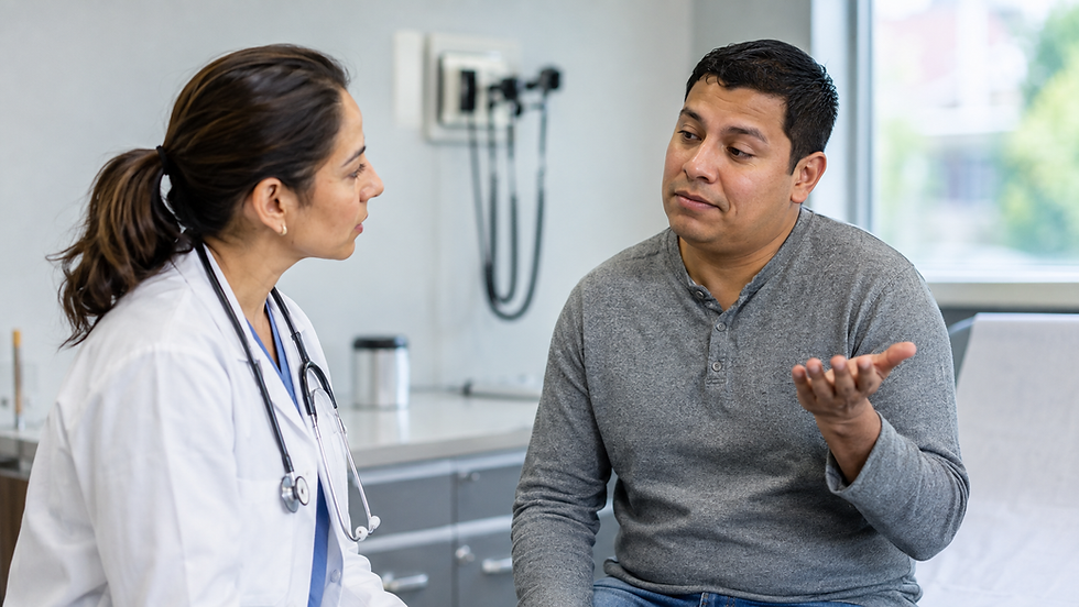 Doctor listens as a man in a gray shirt gestures in a bright exam room, suggesting a calm medical consultation.