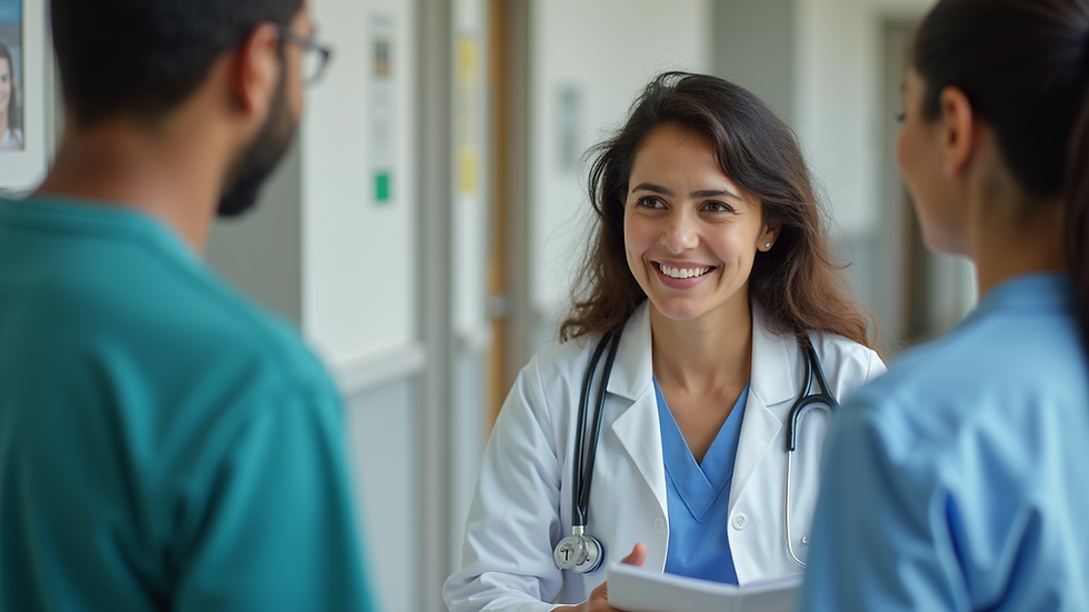 Eye-level view of a healthcare professional practicing Spanish with a tutor