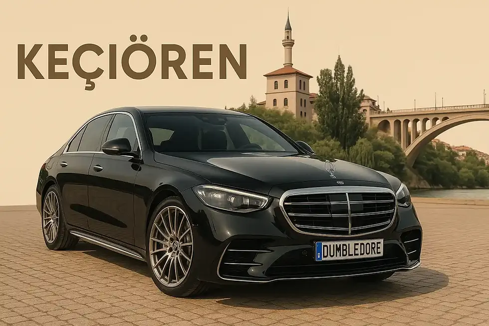 Ankara Keçiören ilçesinde hizmet veren lüks korsan taksi aracı. Plakasında “DUMBLEDORE” yazılı siyah Mercedes, Keçiören'in simgesel köprüsü ve krem tonlu fon eşliğinde.