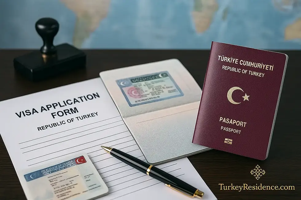 Türk pasaportu, Türkiye vize etiketi ve vize başvuru formunun yer aldığı, resmi başvuru sürecini ve gerekli belgeleri simgeleyen kurumsal görsel.