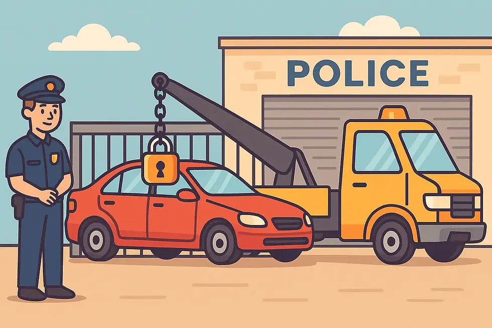 Korsan taksi nedeniyle otoparka çekilen sarı aracın polis kontrolü altında olduğu çizim illüstrasyonu