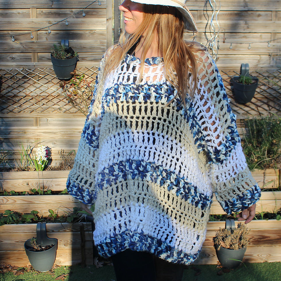 Femme Coklico Pull Oversize Fait main Laine Coton Beige Bleu
