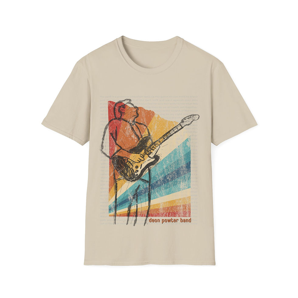 Thumbnail: Deon Powter Band Retro Guitarist Sketch T-Shirt | Vintage Sunset Stripes