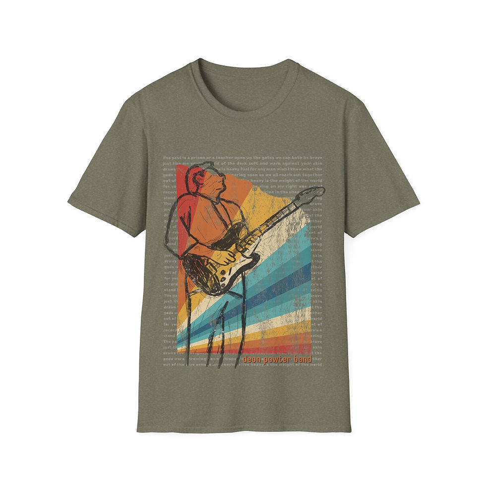 Thumbnail: Deon Powter Band Retro Guitarist Sketch T-Shirt | Vintage Sunset Stripes