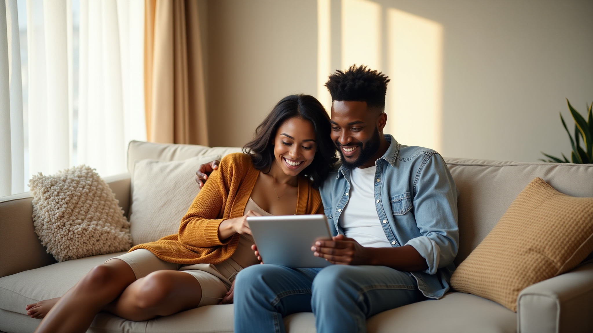 Image shows a happy couple planning for their first home purchase.