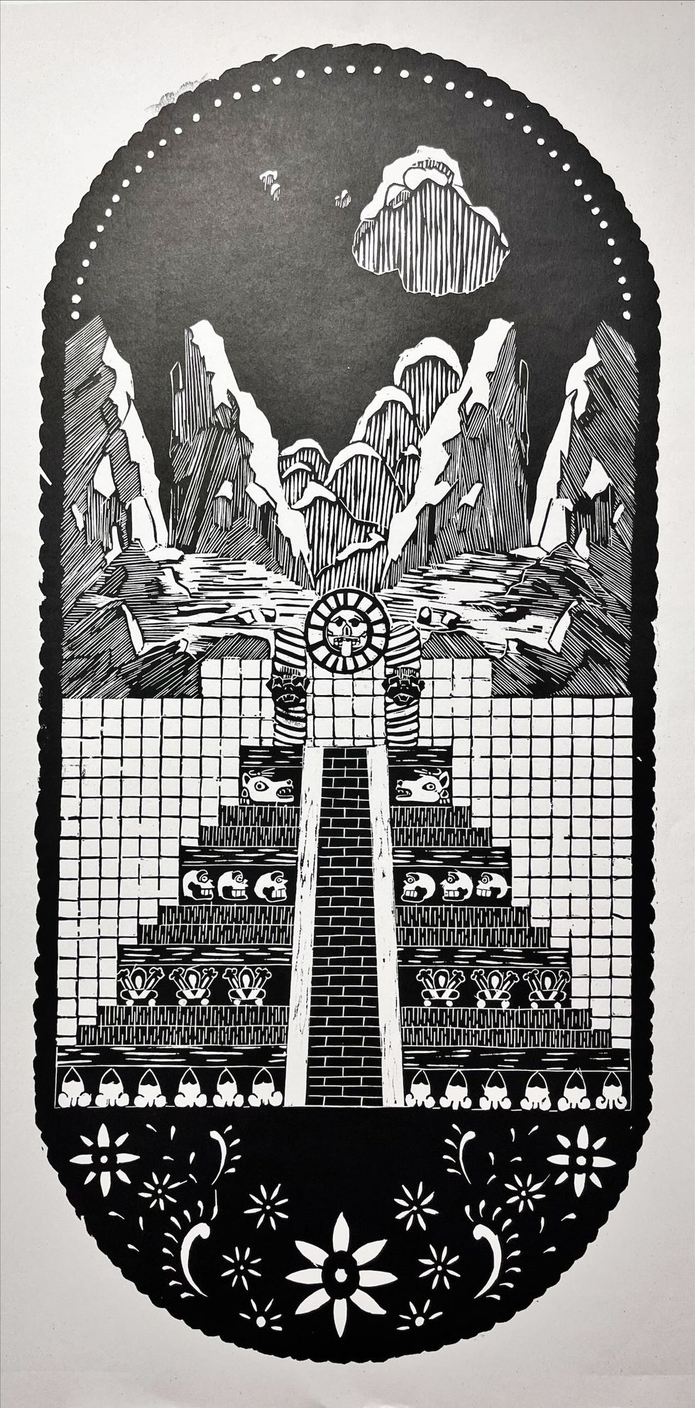 2024, Tepectli Monamictlán , 24 in. x 4 ft., linocut printTepectli Monamictlán