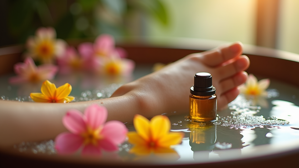 Close-up view of a foot bath with essential oils and flowers