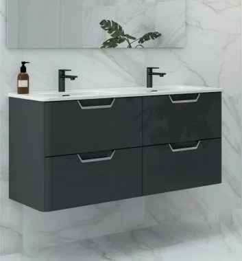 Dark Grey Wall Hung double bathroom vanity with chrome handles and black taps