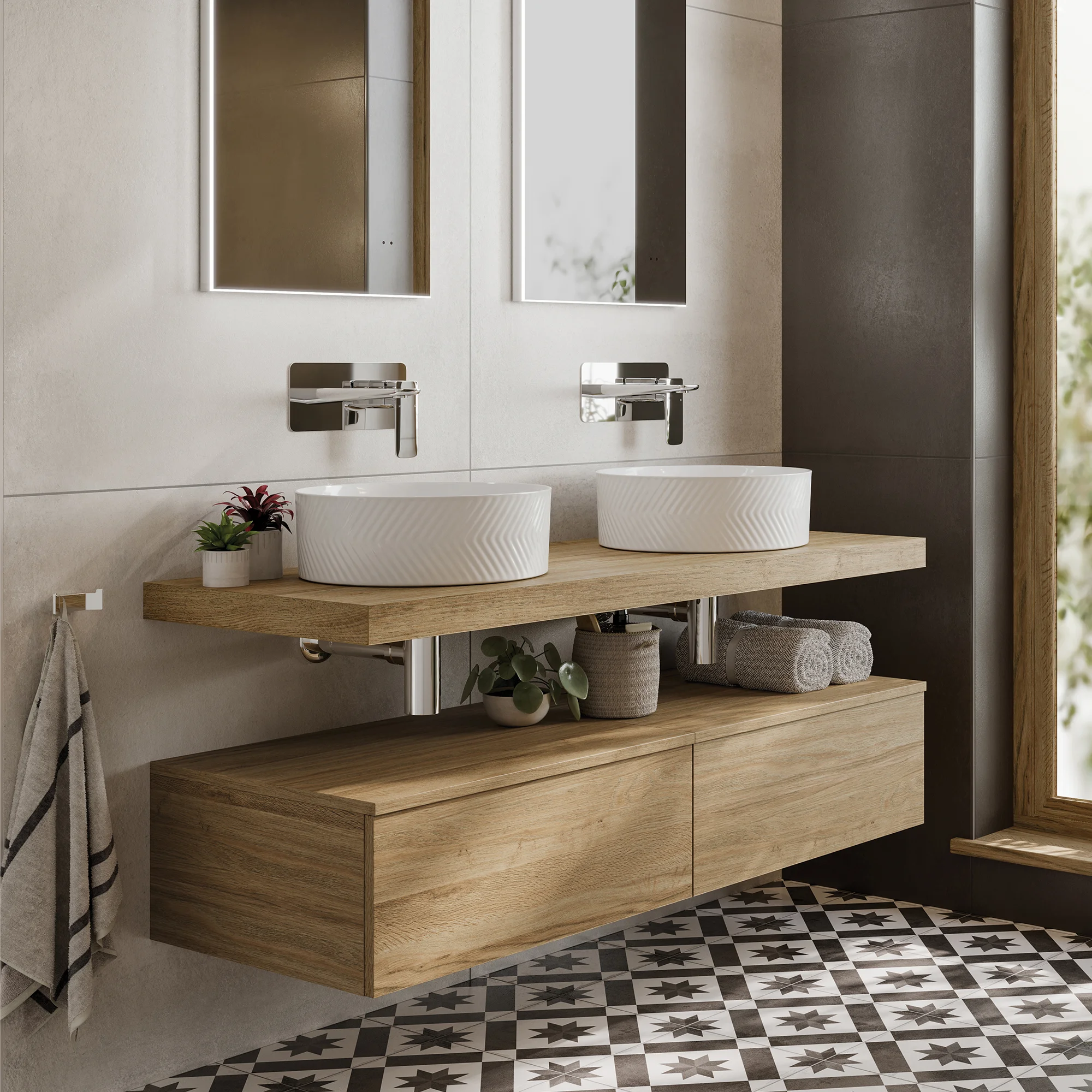 Wall Hung Oak double bathroom vanity unit with countertop sink 