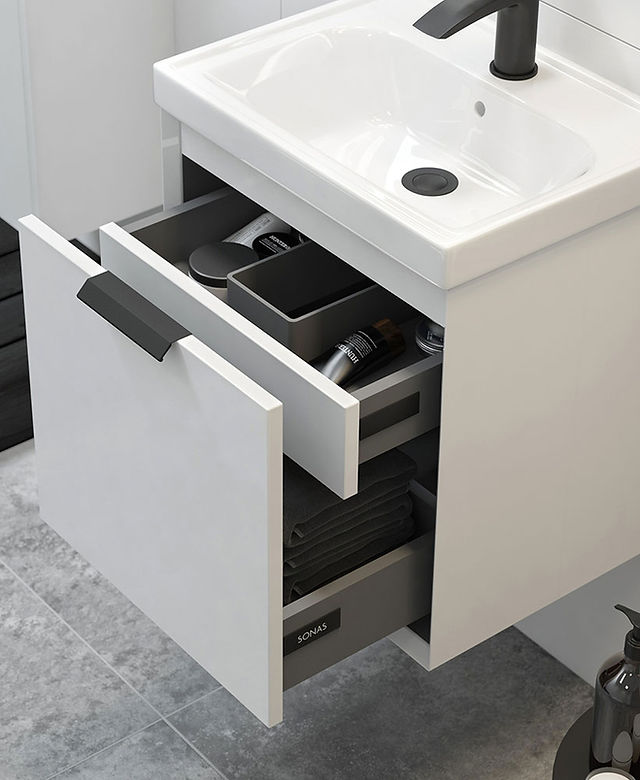 SONAS Stockholm 50cm One Drawer Wall Hung Vanity Unit Gloss White- Matt Black Hardware