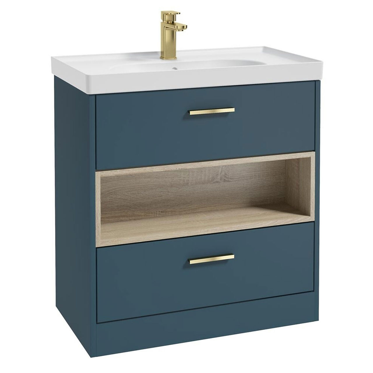 SONAS MALMO 80cm Two Drawer Matt Ocean Blue Floor Standing Vanity Unit Matt Basin - Brushed Gold Handle