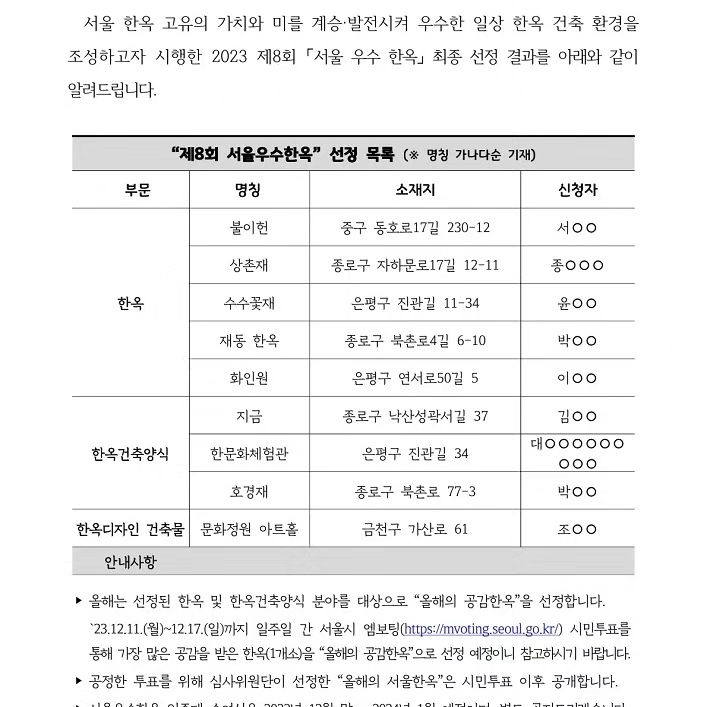 한옥사랑 사무실이 서울우수한옥에 선정되다