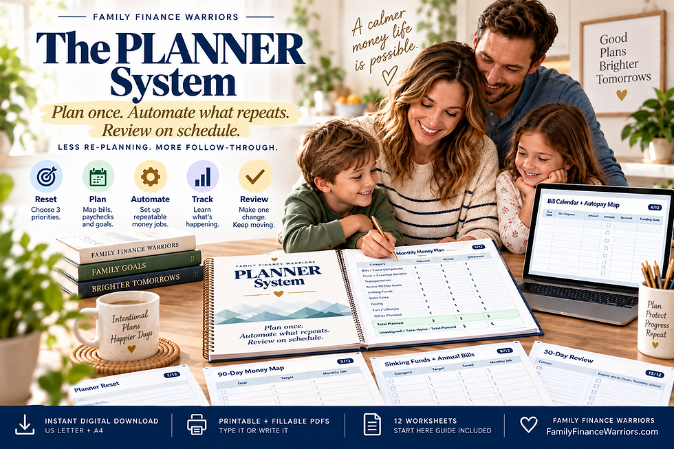 Family Finance Warriors PLANNER System showing a family planning together at a kitchen table with monthly budget, bill calendar, sinking fund, and 30-day review worksheets in printable and digital formats.