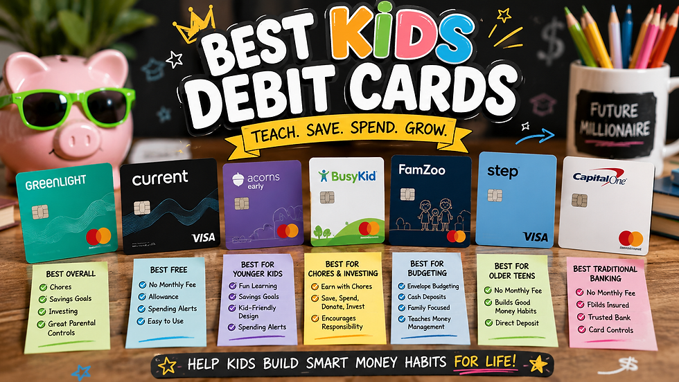 Promotional graphic comparing kids debit cards, with piggy bank, pencils, and text: BEST KIDS DEBIT CARDS, TEACH. SAVE. SPEND. GROW.