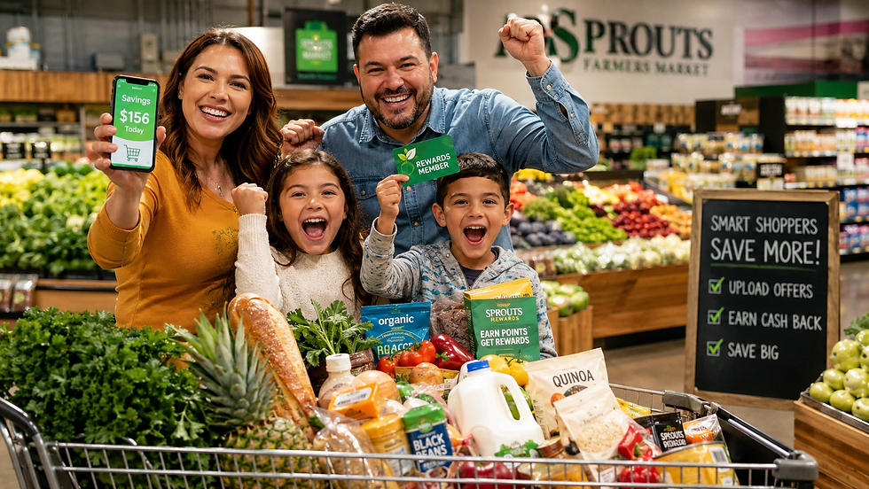 Happy family grocery shopping with rewards apps and a full cart of fresh food while celebrating big savings at a modern grocery store.
