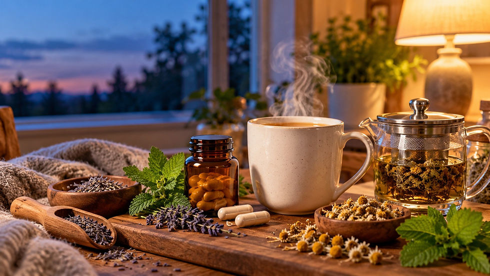 Cozy nighttime wellness scene featuring a steaming cup of herbal tea, chamomile, lavender, lemon balm, and magnesium supplements arranged on a wooden table, highlighting natural sleep supplements and bedtime relaxation.