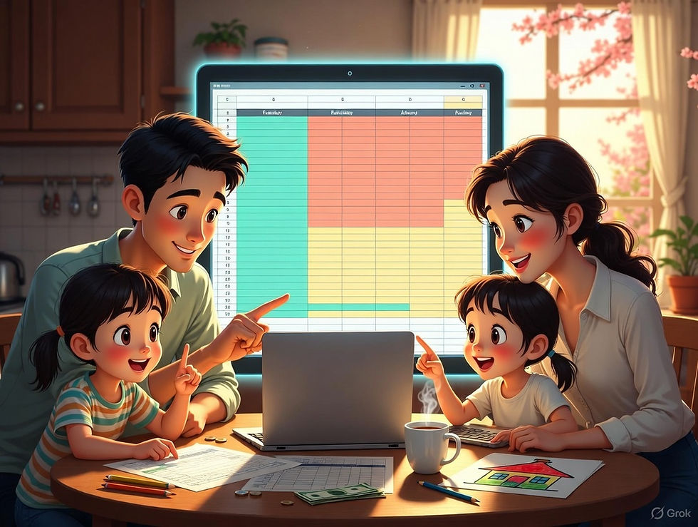 Family at kitchen table planning budget on single income