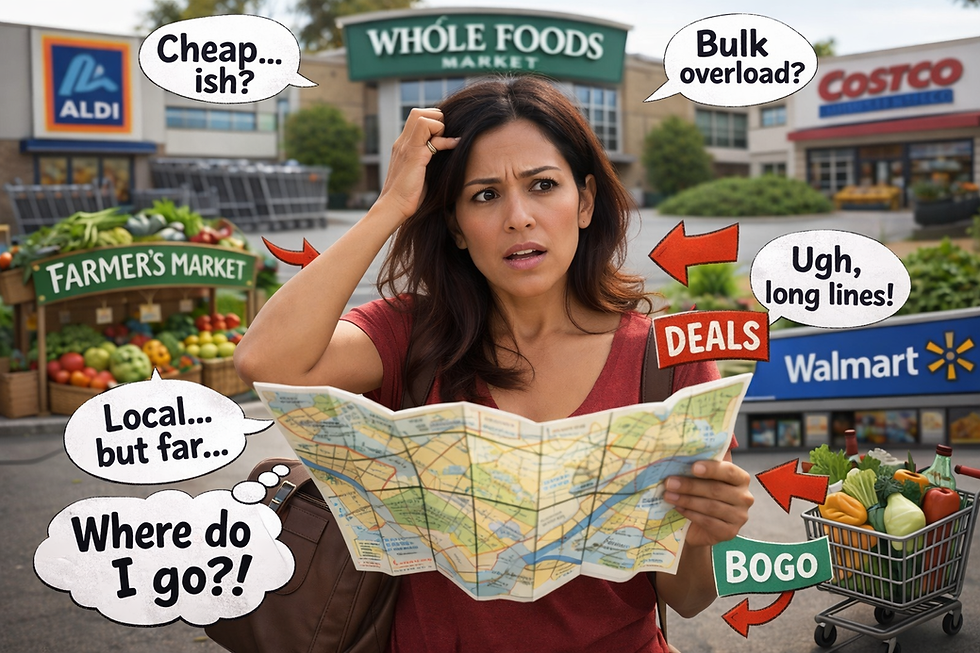 Photo-realistic image of a confused Hispanic mom holding a map while deciding where to grocery shop, surrounded by stores like Aldi, Walmart, Costco, and Whole Foods with deal signs.